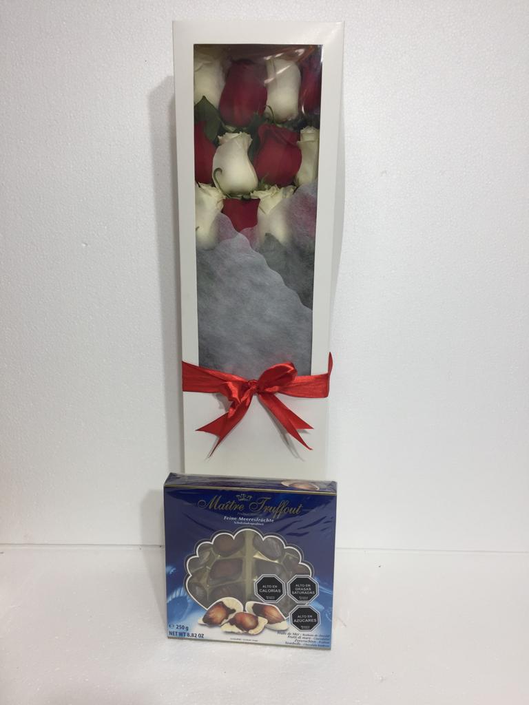  Caja con 12 Rosas y Bombones Frutos del Mar de 250 Gramos